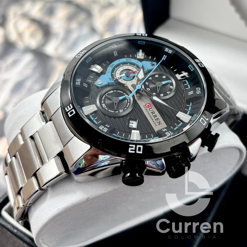 Reloj-Plateado -Fondo Negro-Curren-8402