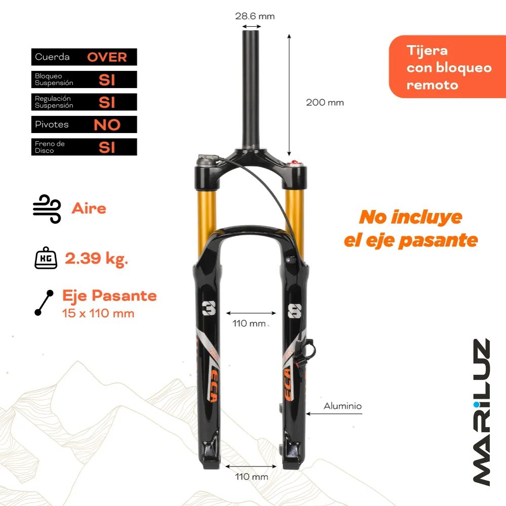 Tijera para bicicleta 29 suspension 28.6mm over AL / AL bloqueo remoto para eje pasante 15x110 mm