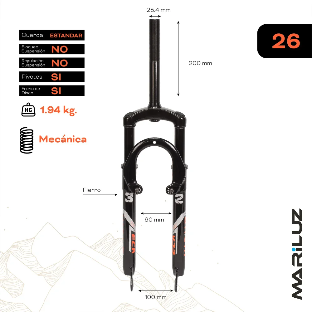 Tijera para bicicleta 26 de montaña con suspension 25.4 mm fierro disco / V-brake negra con rosca Mariluz ECA