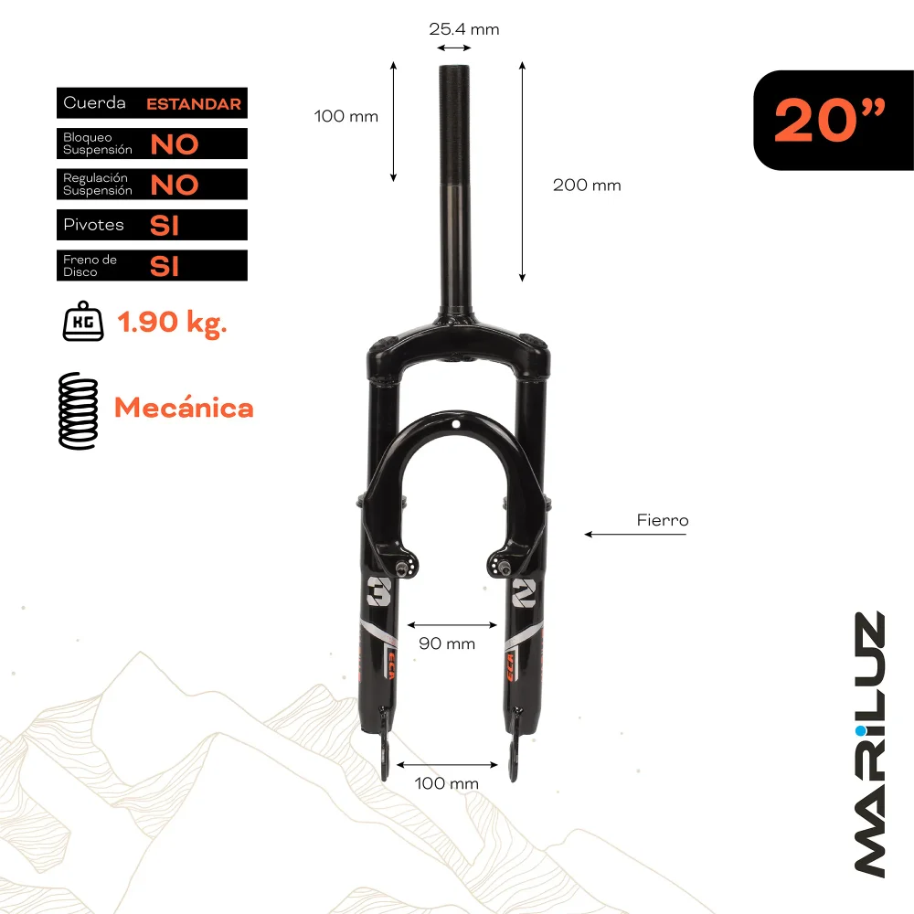 Tijera para bicicleta 20 de montaña con suspension 25.4mm fierro negra con rosca