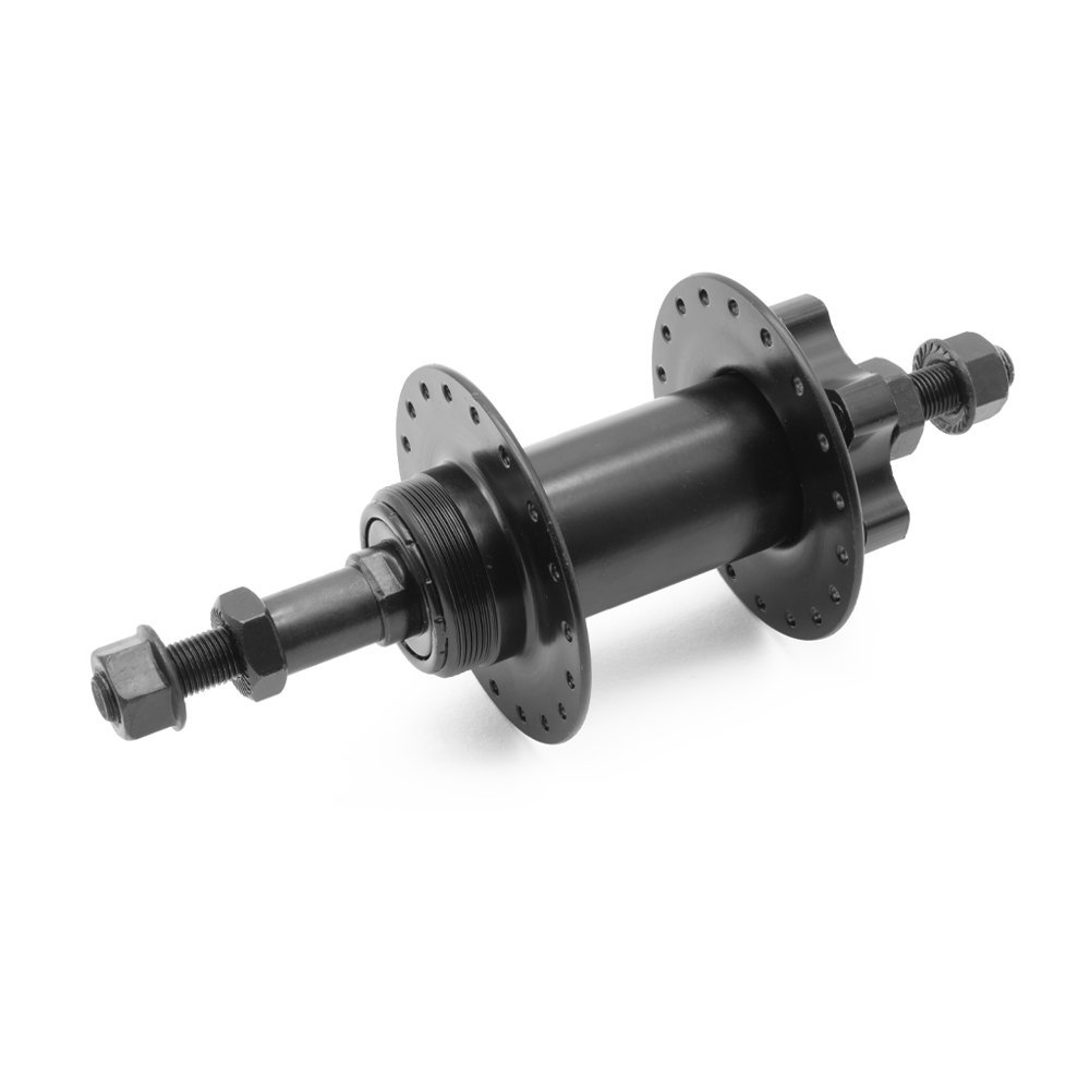MAZA TRASERA EN ACERO NEGRO 36H/14G EJE 3/8X180MM CON ESPACIADOR RODAMIENTO EN BALA OLD. 135MM PARA FRENO DE DISCO 6 TORNILLOS