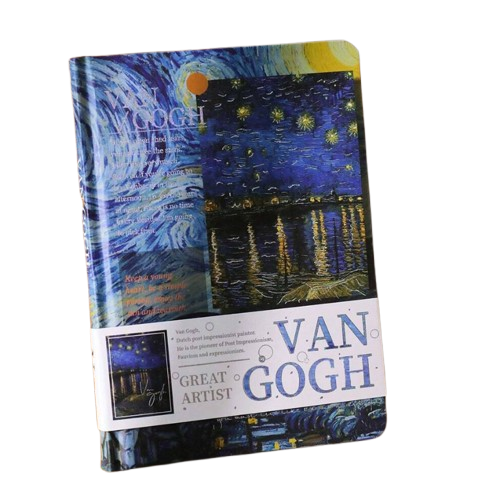 Cuaderno tipo libreta con cubierta dura y estilo vintage, con ilustraciones de paisajes al óleo de Van Gogh y Monet