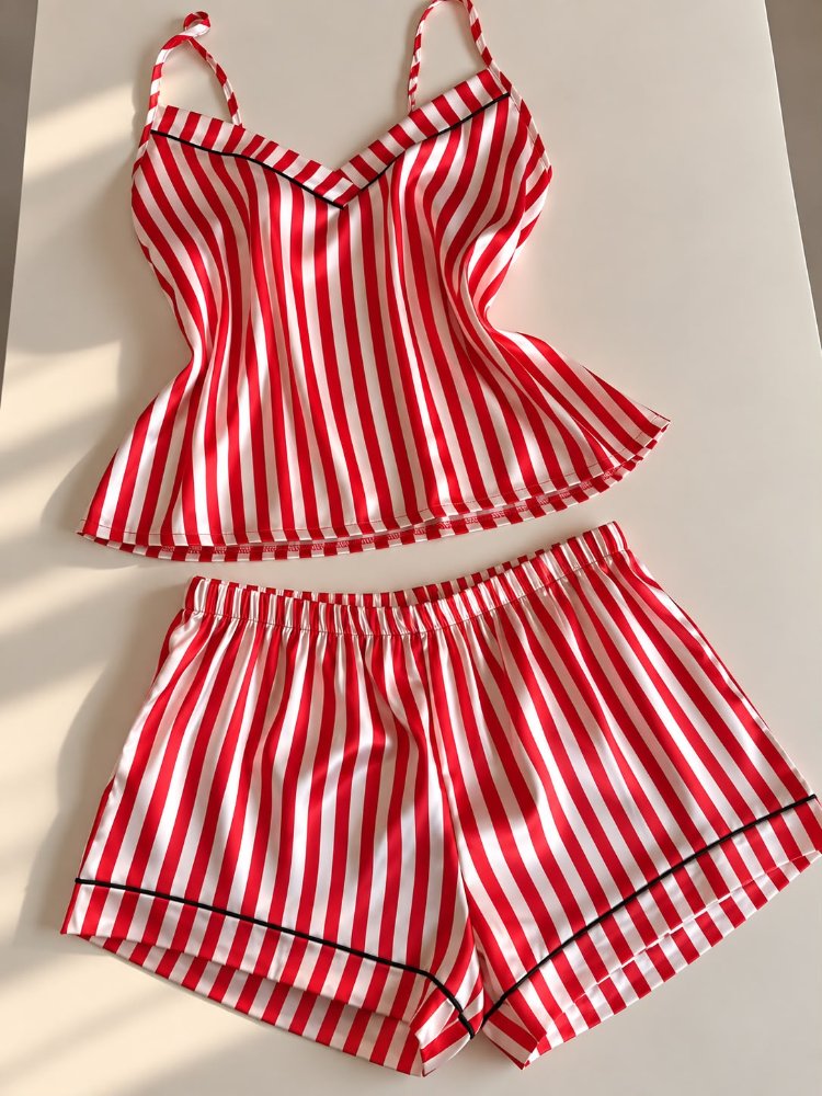 Pijama de satén a rayas rojo
