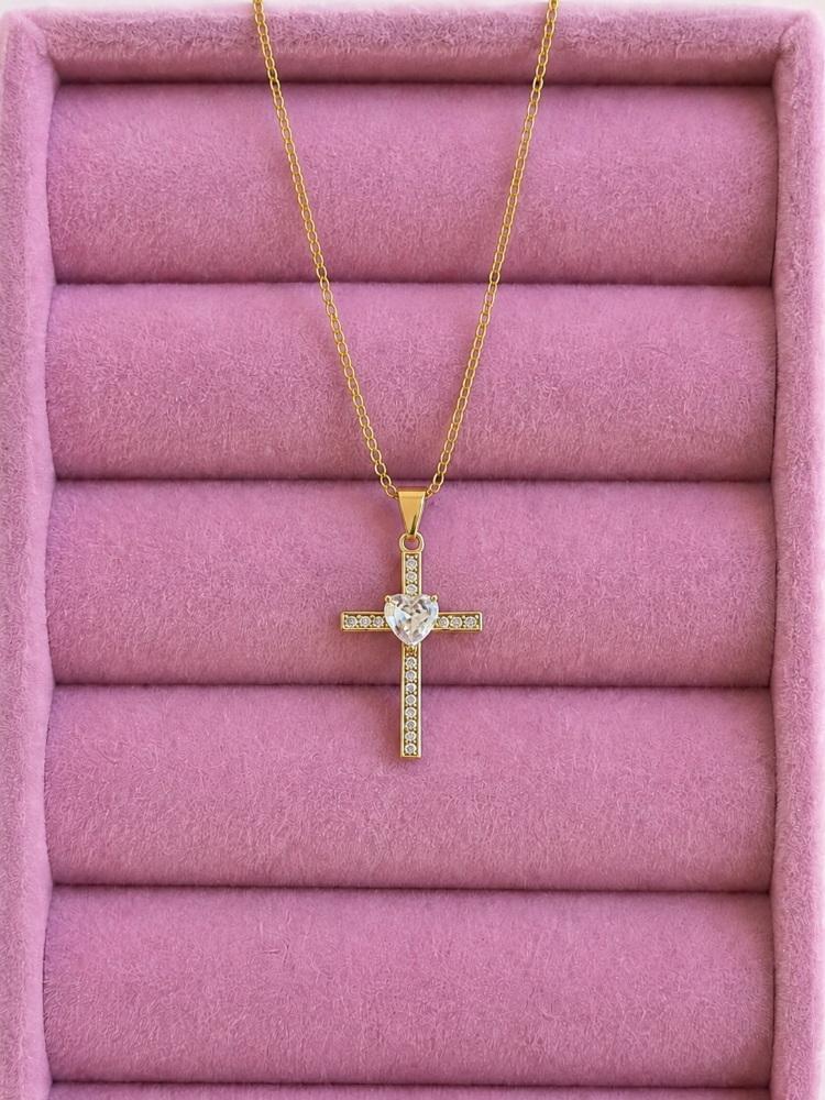 Dije Acero Dorado Cruz corazon