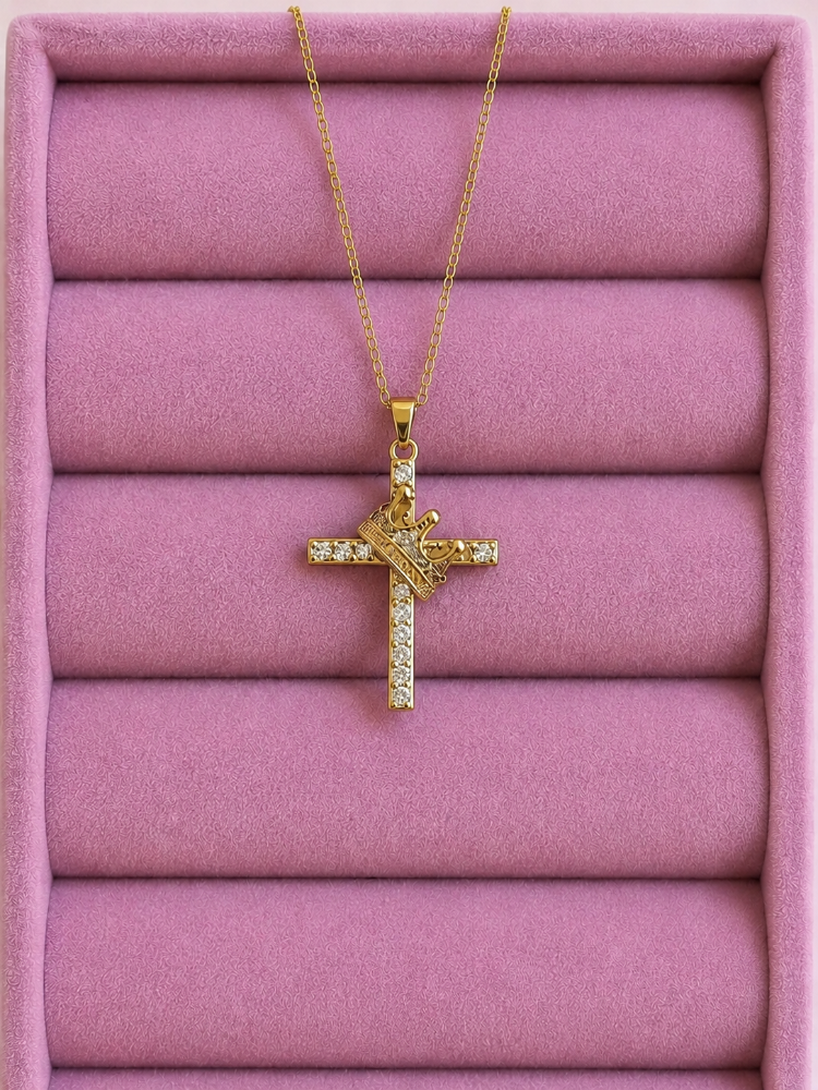 Dije Acero Dorado Cruz y Corona