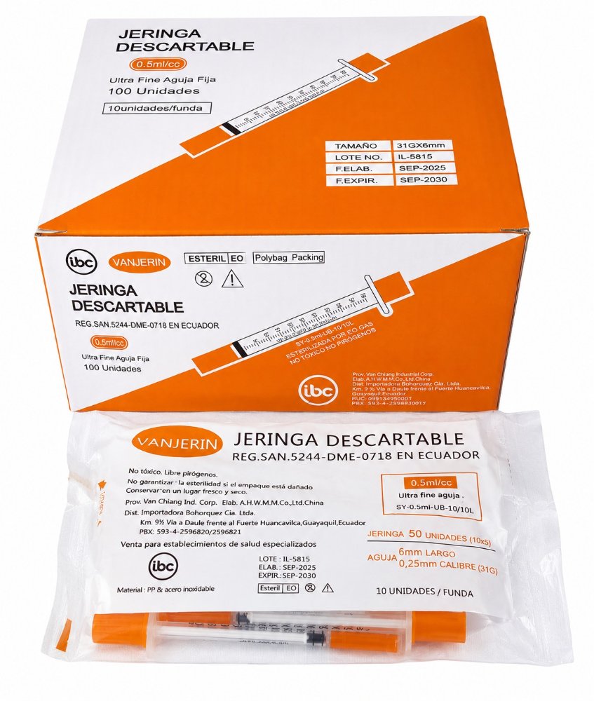 BOLSA X 10  JERINGA ULTRA FINE AGUJA FIJA 0.5 ML/CC TAMAÑO 31G X 6mm VANJERIN
