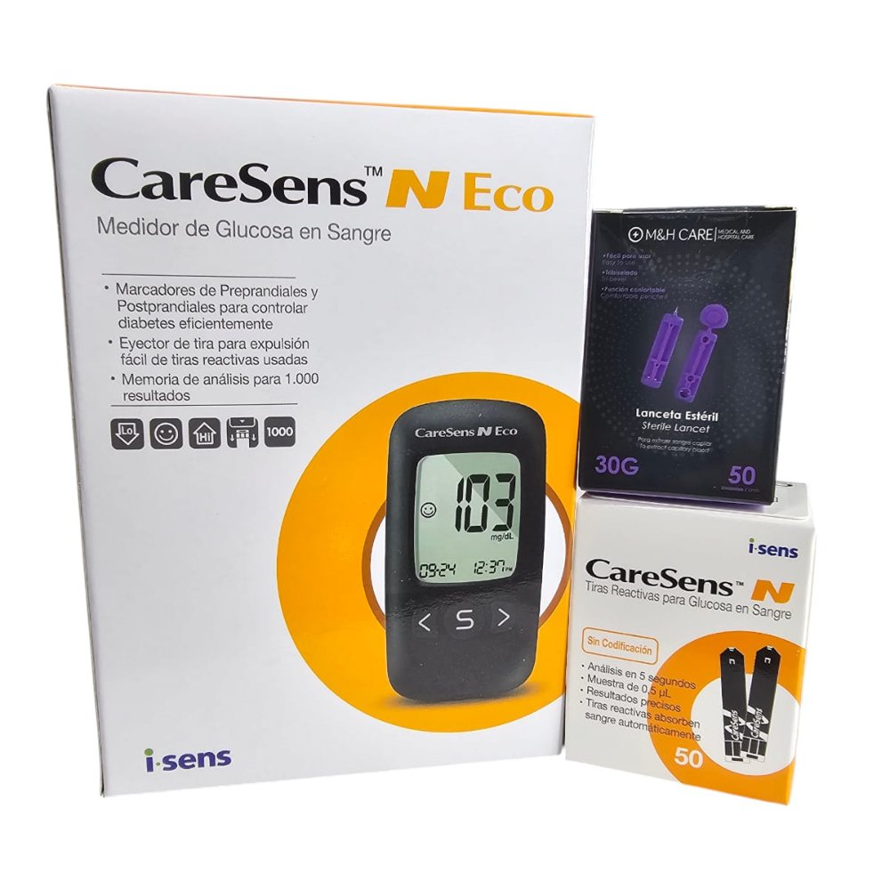 KIT GLUCOMETRO CARESENS N ECO 50 TIRAS 50 LANCETAS