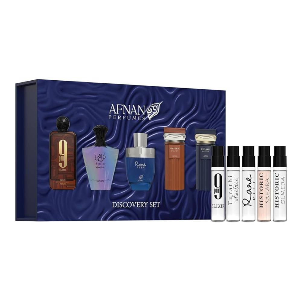 MINI SET AFNAN DISCOVERY FOR MEN (5 PC) X 0.068 OZ EDP SP 9PM ELIXIR/TURATHI ELECTRIC/RARE REEF/HISTORIC SAHARA/HISTORIC OLMEDA