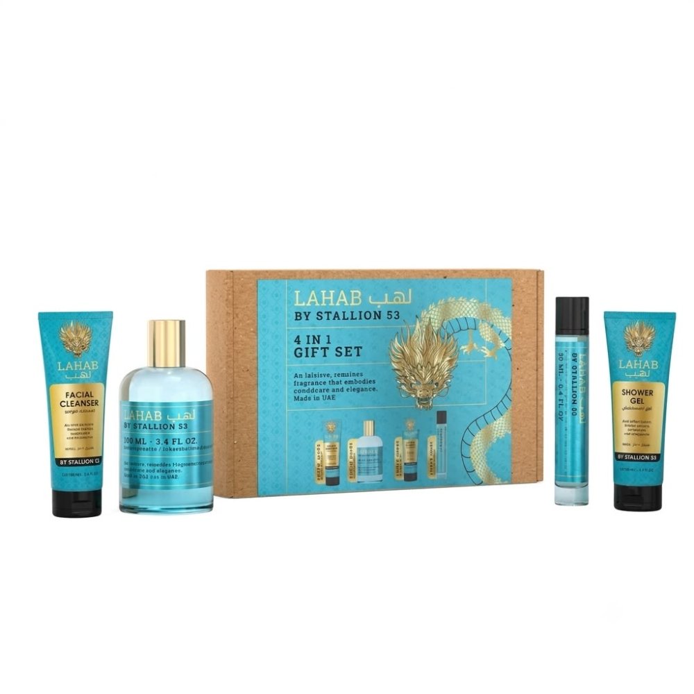 SET EMPER LAHAB BY STALLION 53 UNISEX (4 PC) 3.4 OZ EDP SP / 3.4 OZ SG / 3.4 OZ FACIAL CLEANER / 0.68 EDP SP
