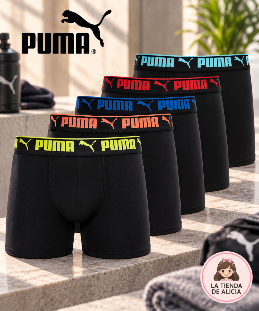 BOXER PUMA NEGROS CINTA COLORES PACK X5 TALLA L