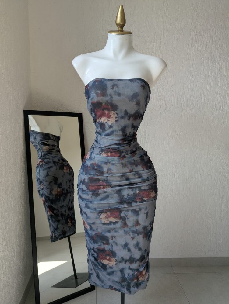 vestido floreado strapless azul 21665B AU
