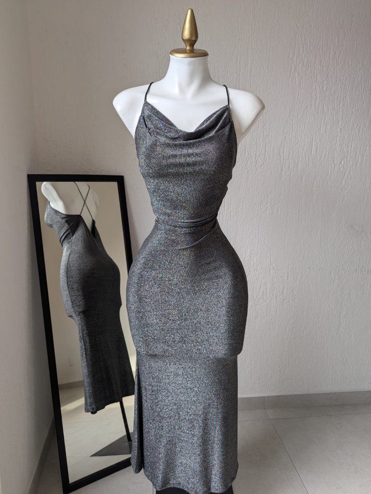 Vestido largo brillos 19386b plateado SALVA