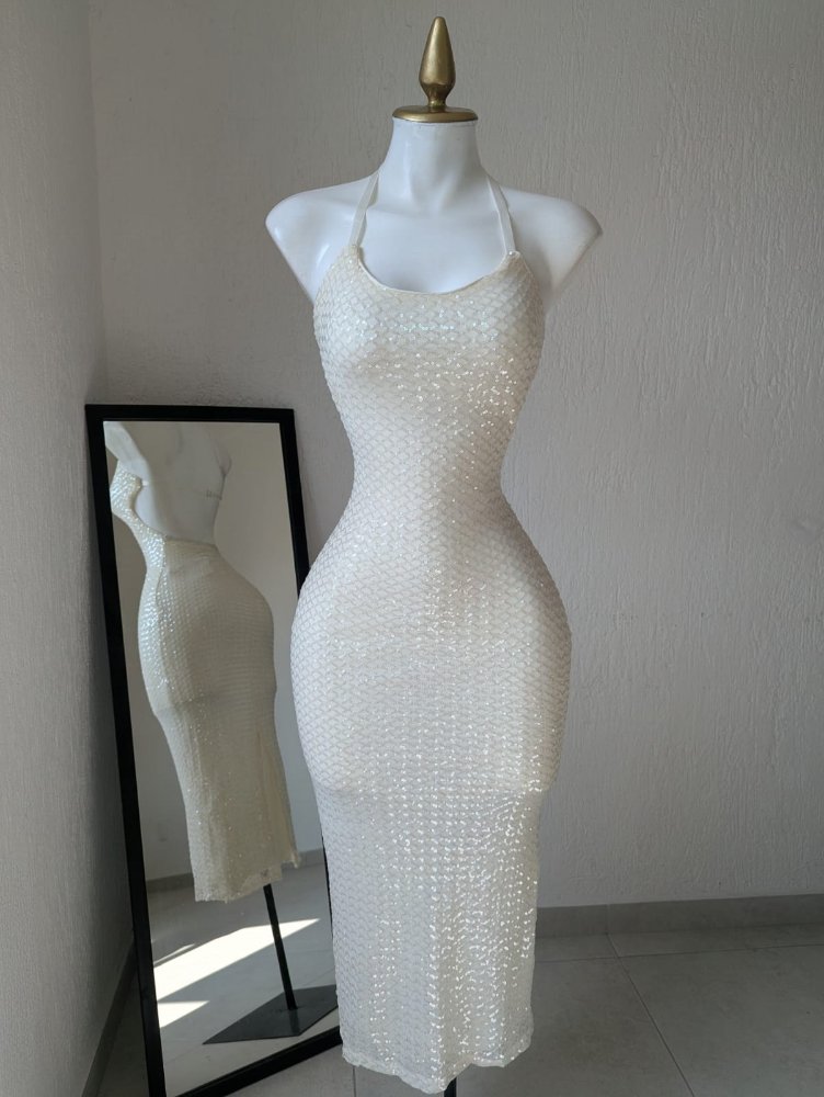 Vestido lentejuela beige 22881b SALVA