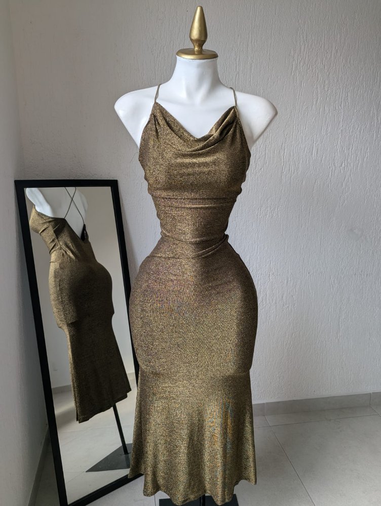 Vestido largo brillos 19386b dorado SALVA