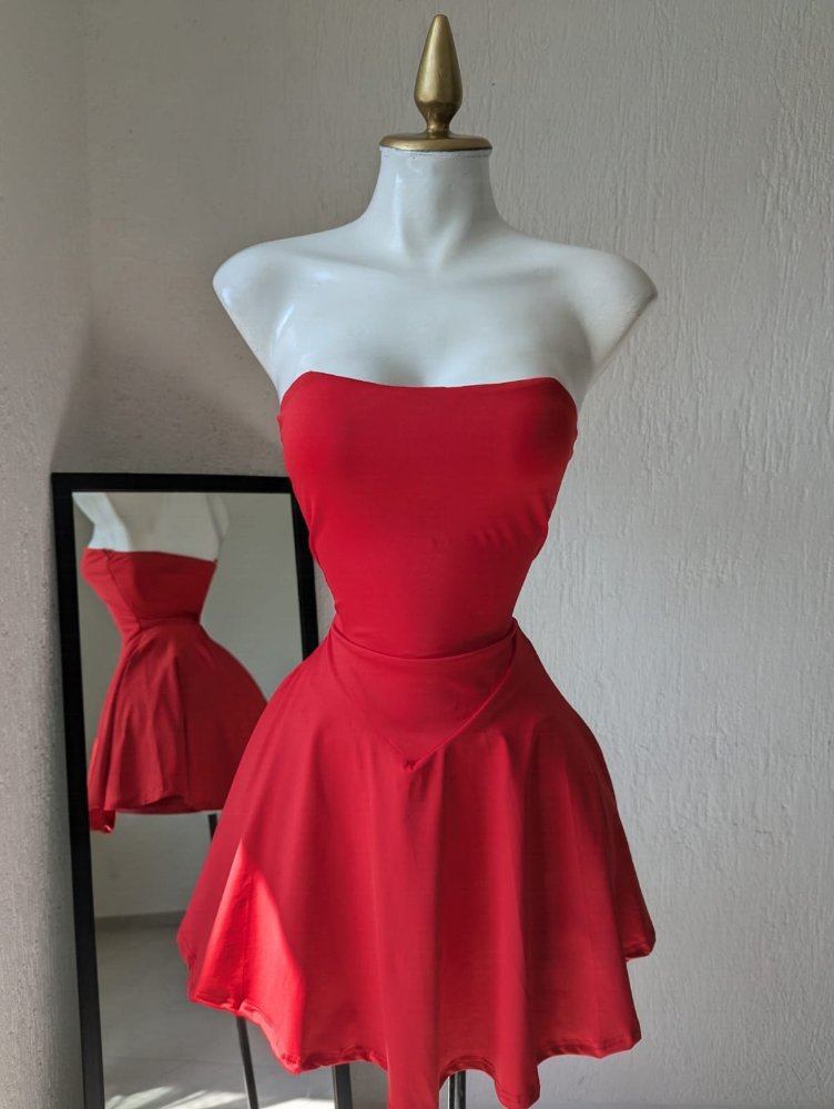 vestido corto strapless corto rojo 22208 SALVA