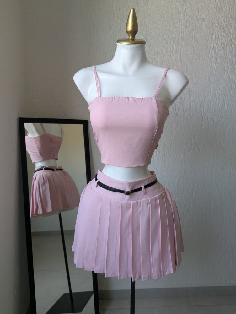 conjunto semi formal falda top rosa 890