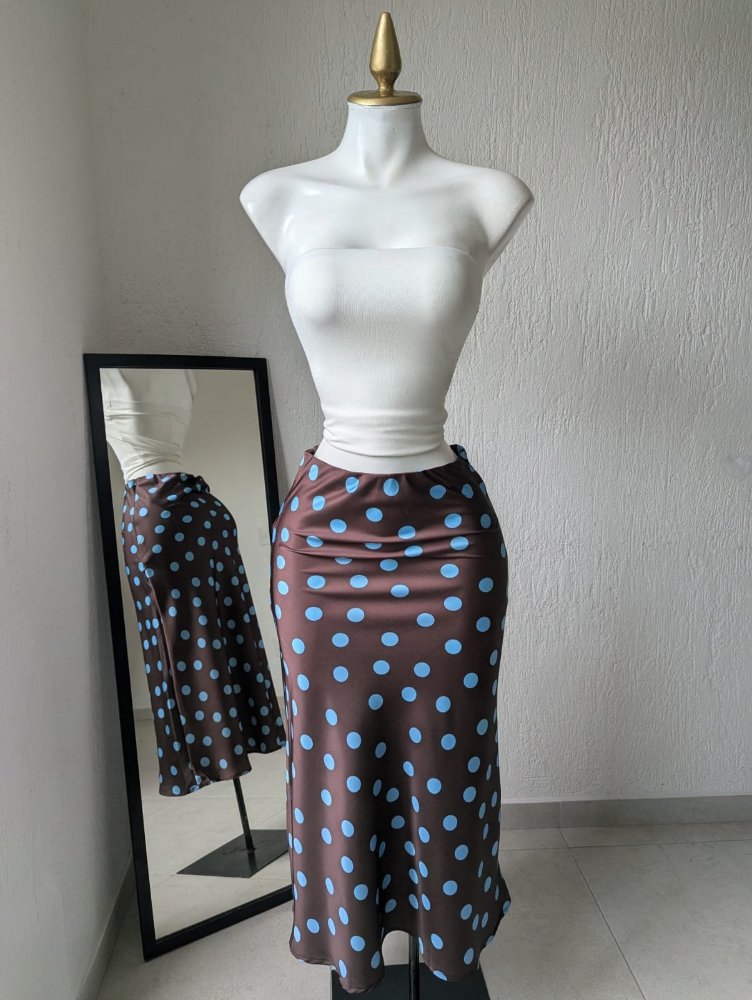 falda satín lunares cafe con azul 3951