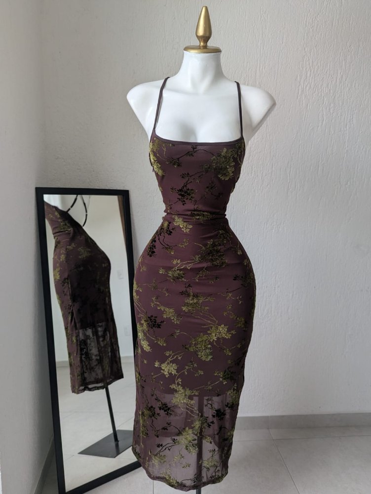 Vestido floreado café con verde 930b SALVA