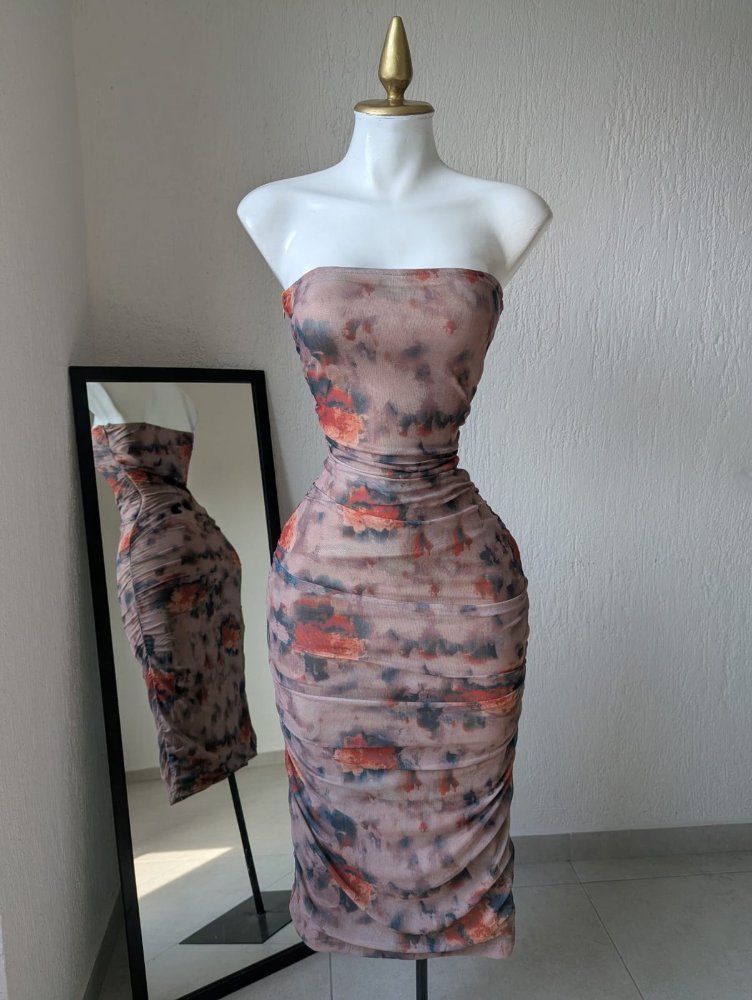 vestido floreado strapless nude 21665B AU