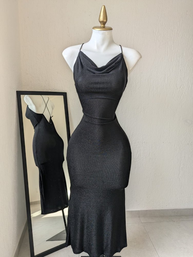 Vestido largo brillos 19386b negro SALVA