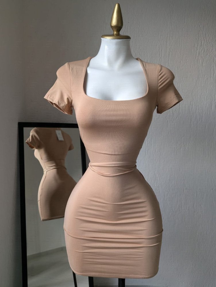 Vestido corto manga corta nude 20333