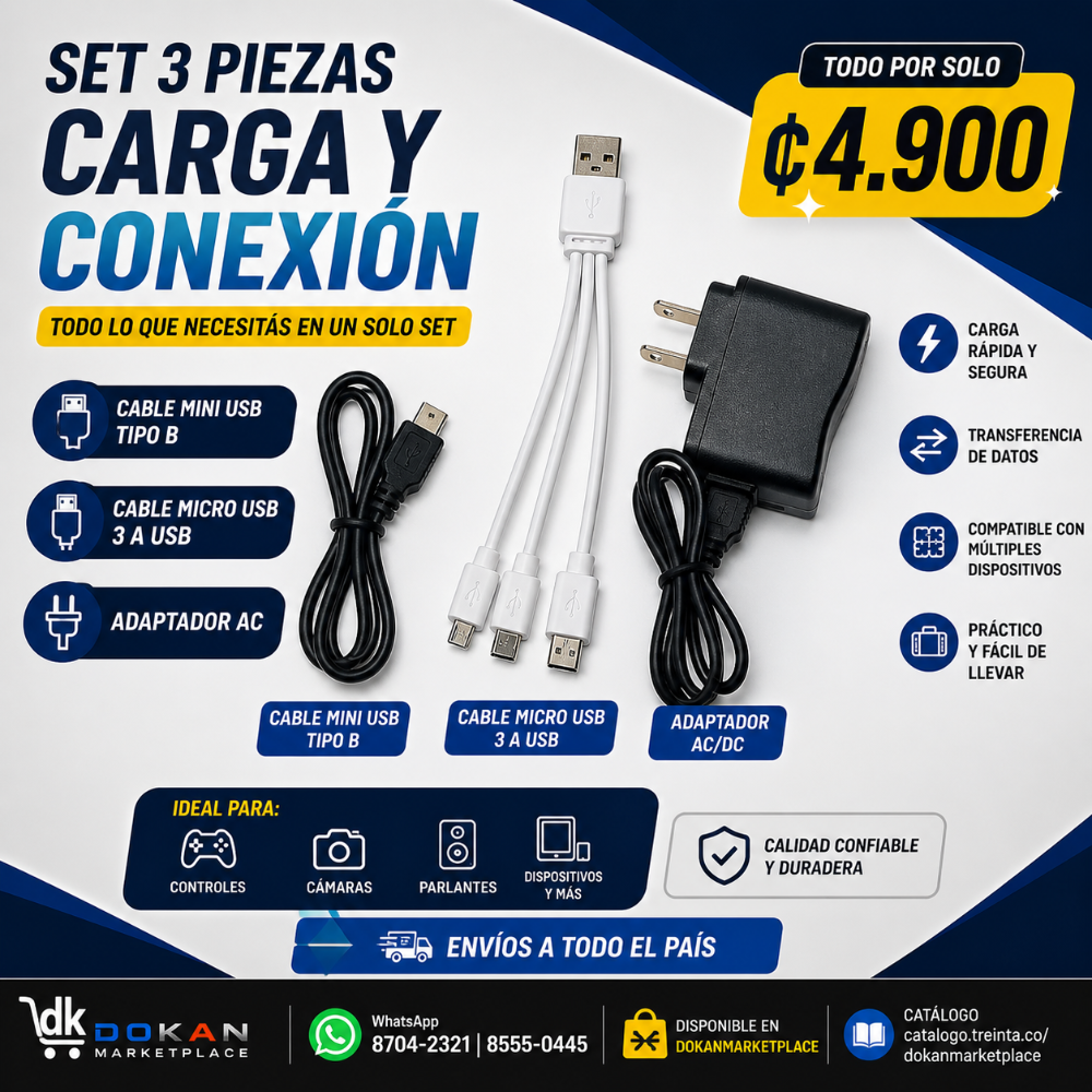 Cable Mini USB Tipo B & Micro USB 3 a USB Con Adaptador AC/DC