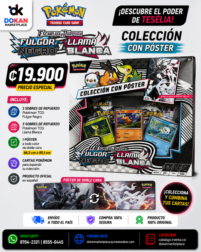 Pokémon TCG Escarlata & Purpura Fulgor Negro y Llama Blanca Colección con Póster Español