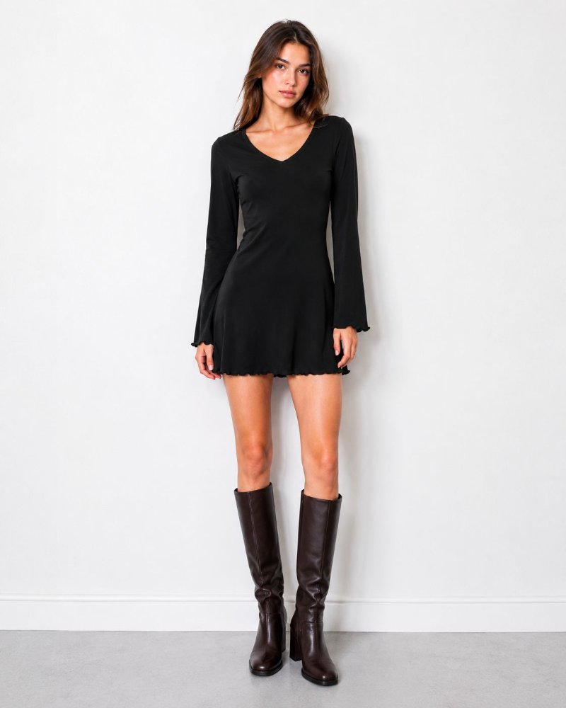 Vestido Corto Morley Acanalado Negro Espalda Descubierta