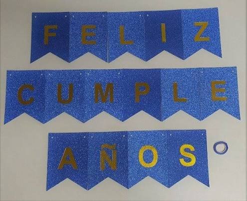BANDERIN FELIZ CUMPLEAÑOS AZUL CON GLITER