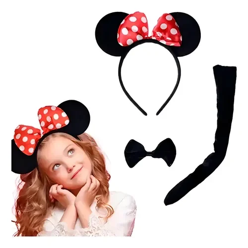 Kit Orejas Minnie Mouse, Moño Y Cola Ratona Diadema Disfraz Color Rojo