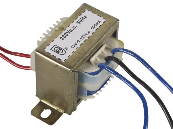 TRANSFORMADOR 0.5A CON PUNTO MEDIO 12V 0 12V