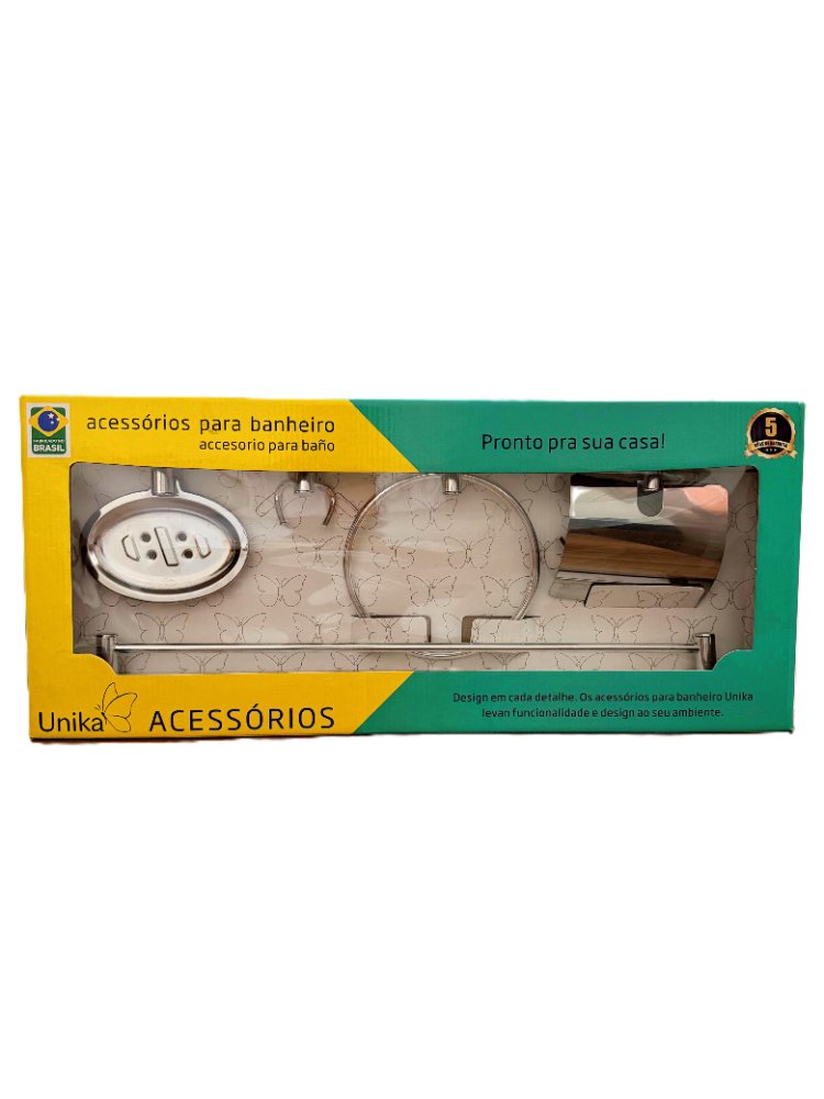 KIT ACCESORIOS UNIKA PARA BAÑO EN ACERO INOXIDABLE CON 5 PIEZAS COLOR CROMO