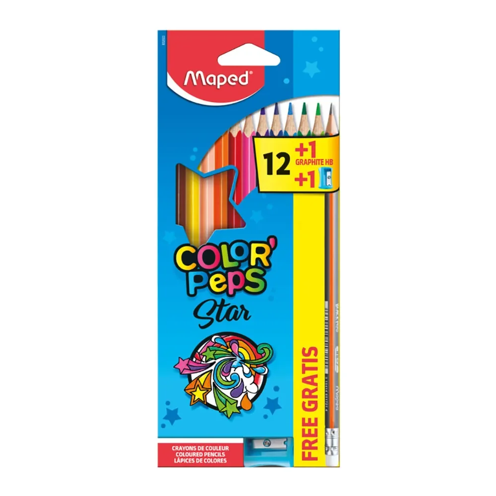 Colores Maped Largos Triangulares Caja con 12 Piezas + 1 Lápiz + 1 Sacapuntas
