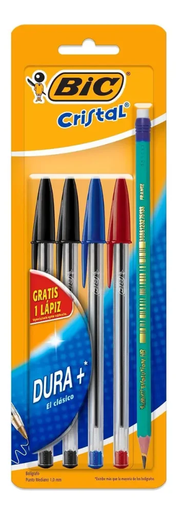 Bolígrafo BIC Cristal Dura+ 1.0mm Colores Clásicos 4 Piezas
