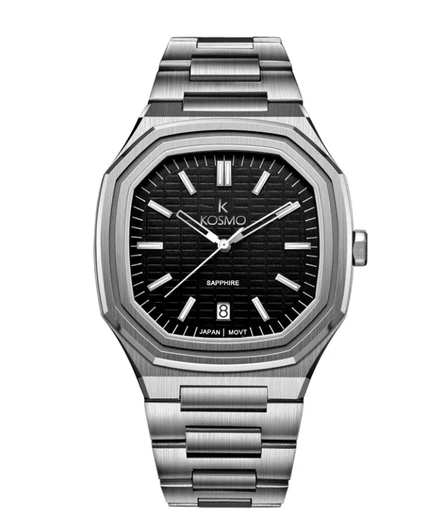 Reloj Kosmo 607-7 – Acero Inoxidable Plata, Cristal Zafiro, Esfera Negra