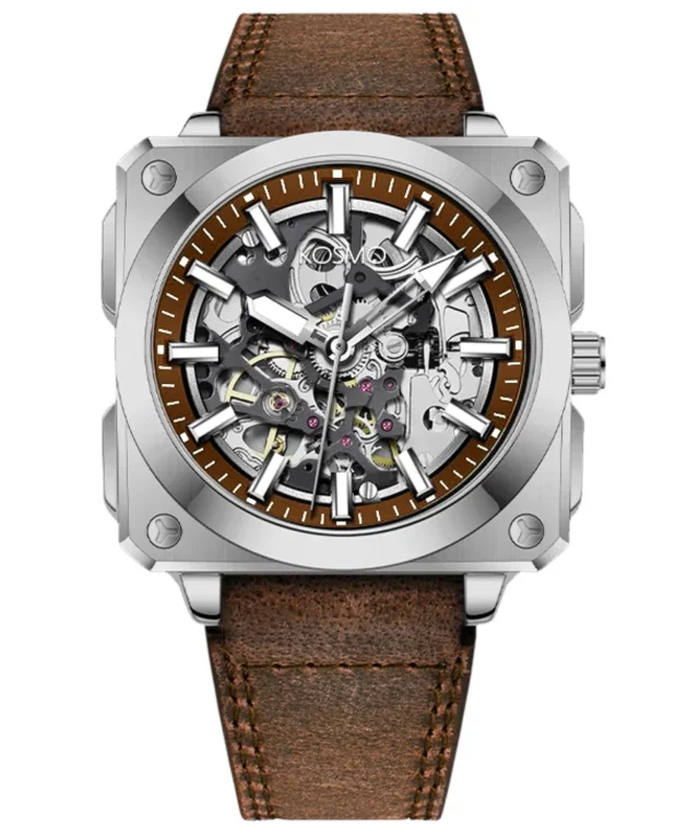 Reloj Kosmo KT26 – Automático Skeleton Diseño Cuadrado Plata / Marron