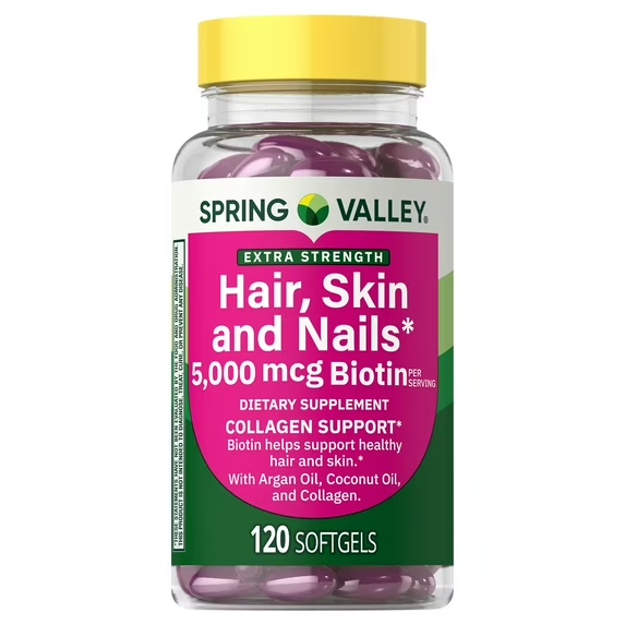 SPRING VALLEY CÁPSULAS BLANDAS DE SOPORTE DE COLÁGENO PARA CABELLO, PIEL Y UÑAS DE FUERZA EXTRA, 5000 MCG DE BIOTINA, 120 UNIDADES