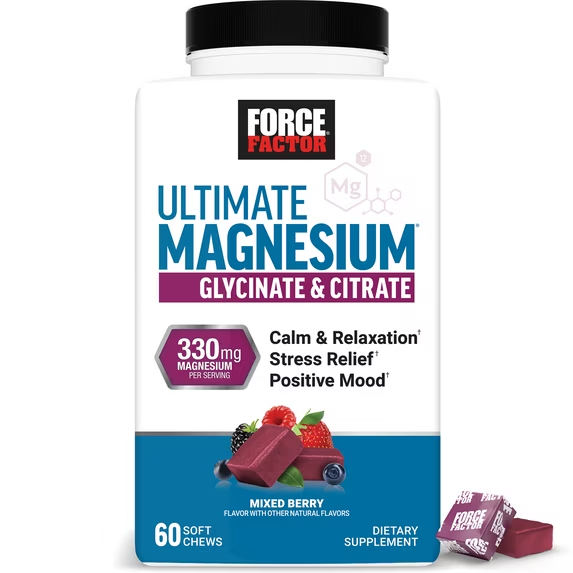 FORCE FACTOR ULTIMATE MAGNESIUM  330MG GLICINATO Y CITRATO DE MAGNESIO PARA PROMOVER LA CALMA Y LA RELAJACIÓN, VEGANO Y SIN GLUTEN, FRUTOS DEL BOSQUE MIXTOS, 60 GOMITAS BLANDAS