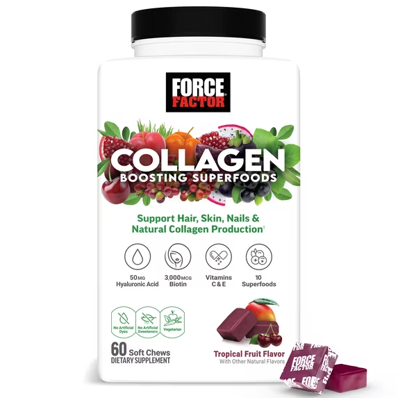 FORCE FACTOR COLLAGEN  SUPLEMENTO PARA CABELLO, PIEL Y UÑAS CON BIOTINA, VITAMINAS Y ANTIOXIDANTES, FRUTA TROPICAL, 60 GOMITAS BLANDAS