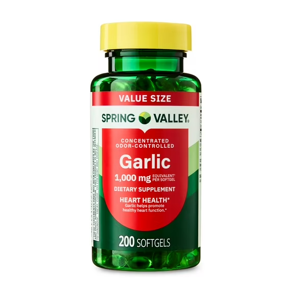 SPRING VALLEY CÁPSULAS BLANDAS DE SUPLEMENTO DIETÉTICO DE AJO CON CONTROL DE OLOR PARA LA SALUD DEL CORAZÓN, 1000 MG, 200 UNIDADES