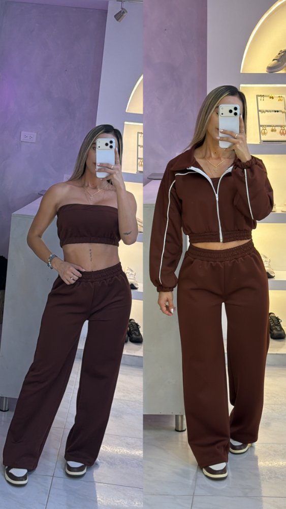 Conjunto buso, top y sudadera café T.U