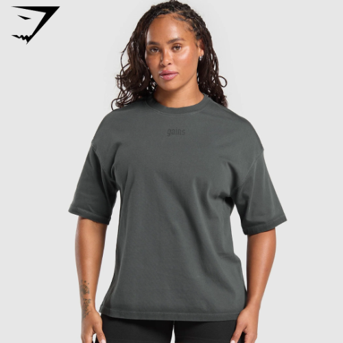 Gains Washed Heavyweight Cotton T-Shirt - Asphalt Grey/Black (XS)