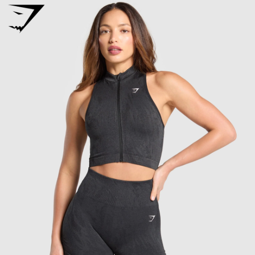 Adapt Camo Seamless Zip Up Crop Top - Asphalt Grey/Black (M)