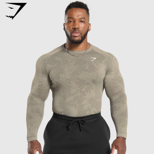 Preventa Gymshark Geo Seamless Long Sleeve T-Shirt - Linen Brown/Camo Brown(M)