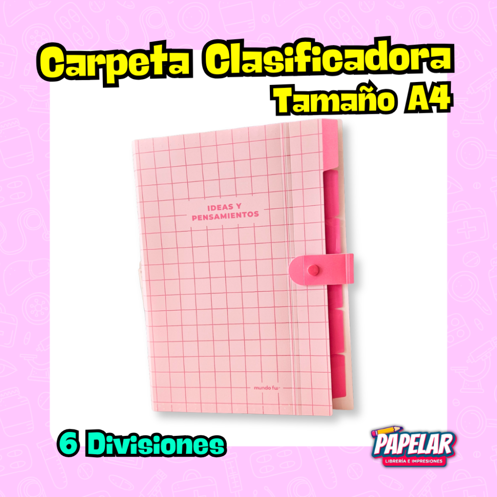 CARPETA CLASIFICADORA A4 con boton 6 DIVISIONES FW CUTE ROSA