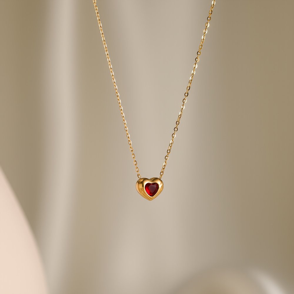 Collar Estilo Corazón con Diamantes Incrustrado Rojo - Dorado - COL302