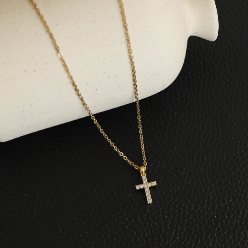 Collar de Cruz con diamantes - Dorado - COL267