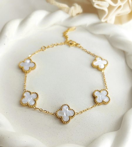 Pulsera Estilo Van Cleef Blanca -Dorado - PUL122