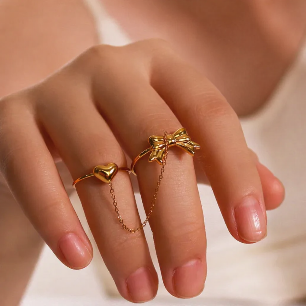 Anillo Ajustable Doble Estilo Cokette y Corazón - Dorado - ANI216