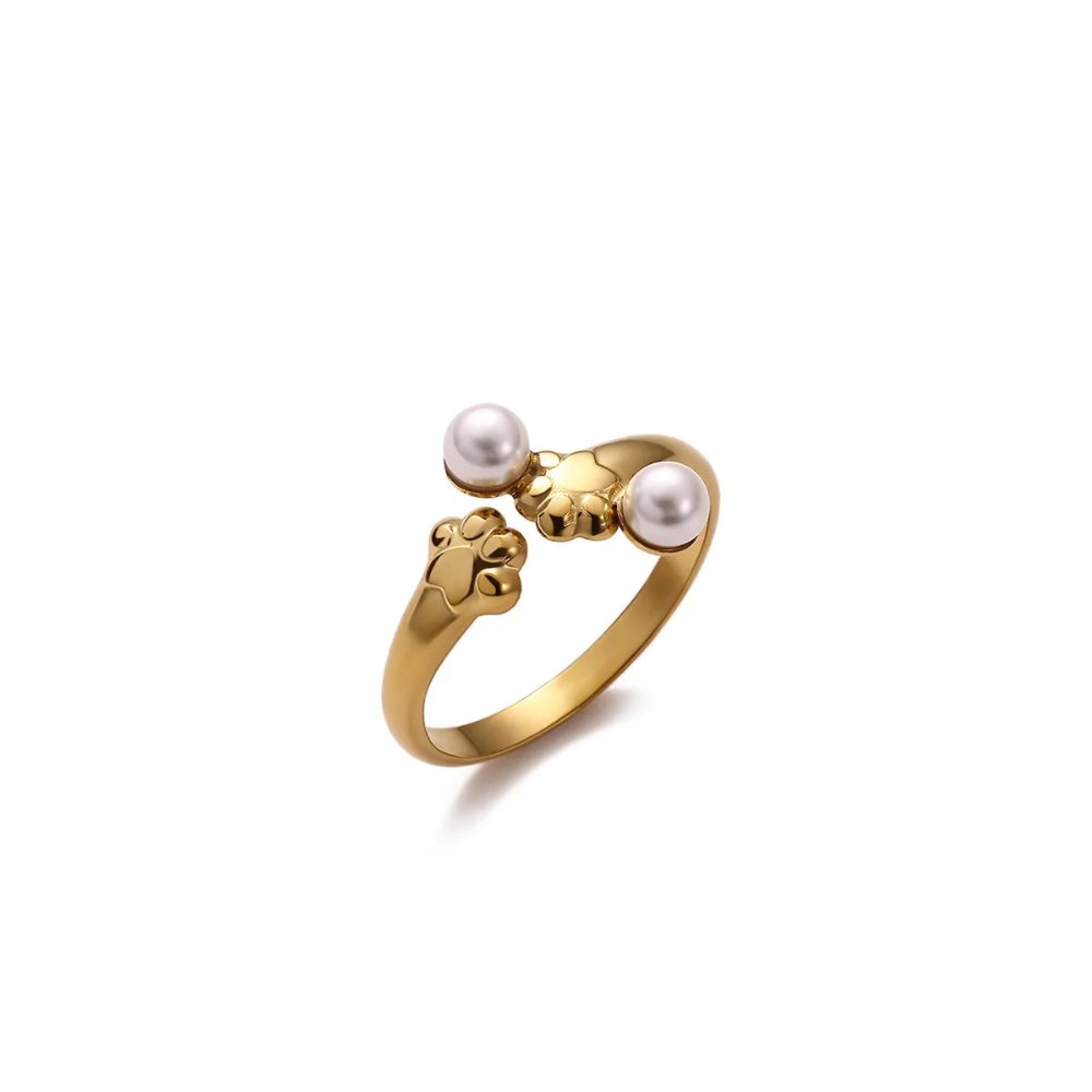 Anillo Ajustable con Huellitas y Perlas - Dorado - ANI227